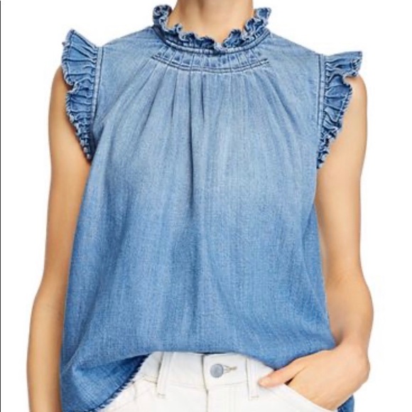 Blue Chambray Style Flutter Sleeve Top - Picture 3 of 8